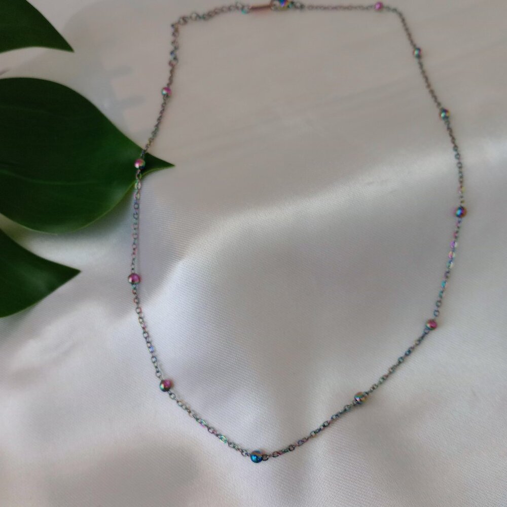 Rainbow-Tone Stainless Steel Round Bead Chain Necklace